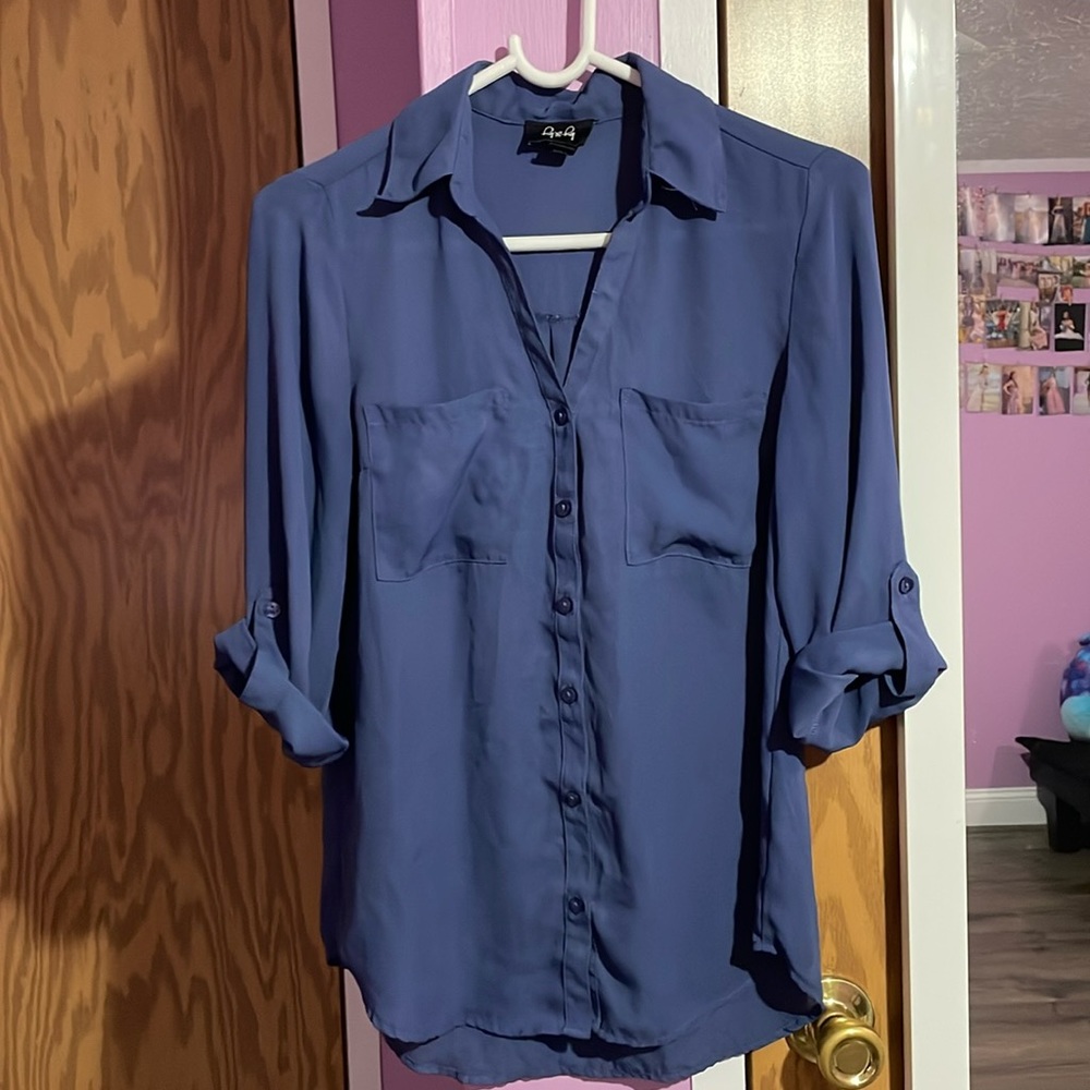 Sheer chiffon blue button up blouse